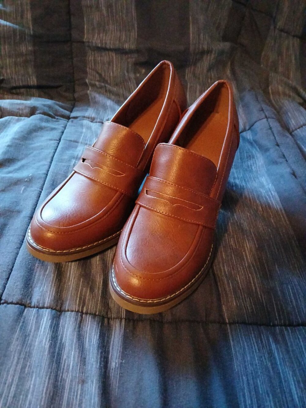 Brown Heeled Penny Loafers Block Chunky Heel Pumps Size EU 40 US 9